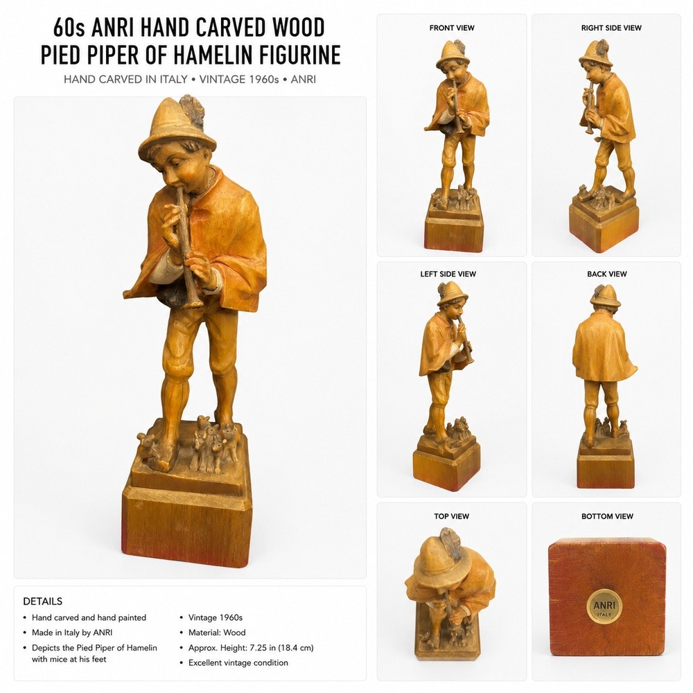 Vintage Anri Italy Hand Carved Wood Pied Piper Flutist Figurine 6.5 Inch